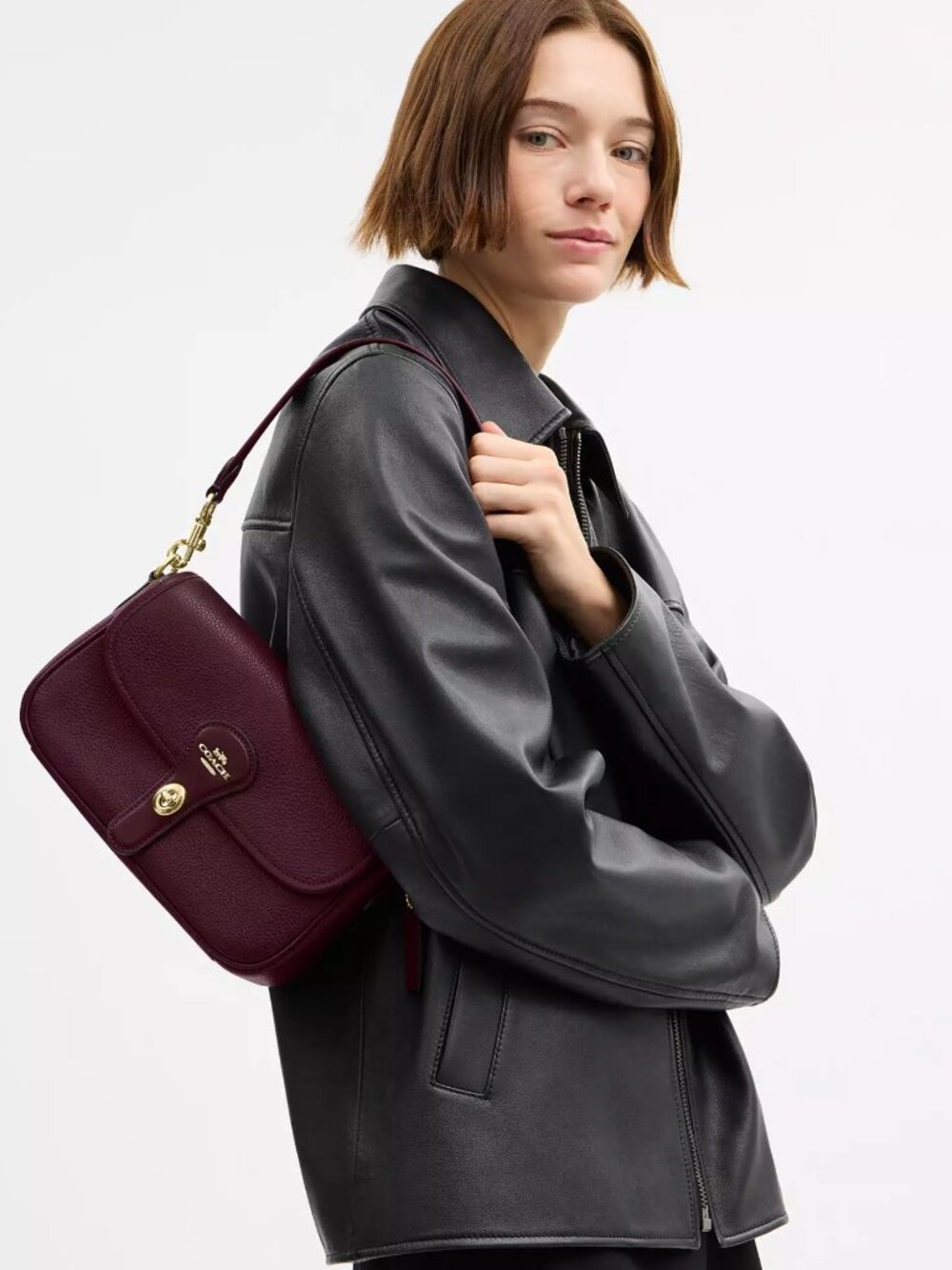 COACH CY683 Hadley Shoulder Bag Crossbody Leather in Dark Wine Gold - Picture 3 of 14